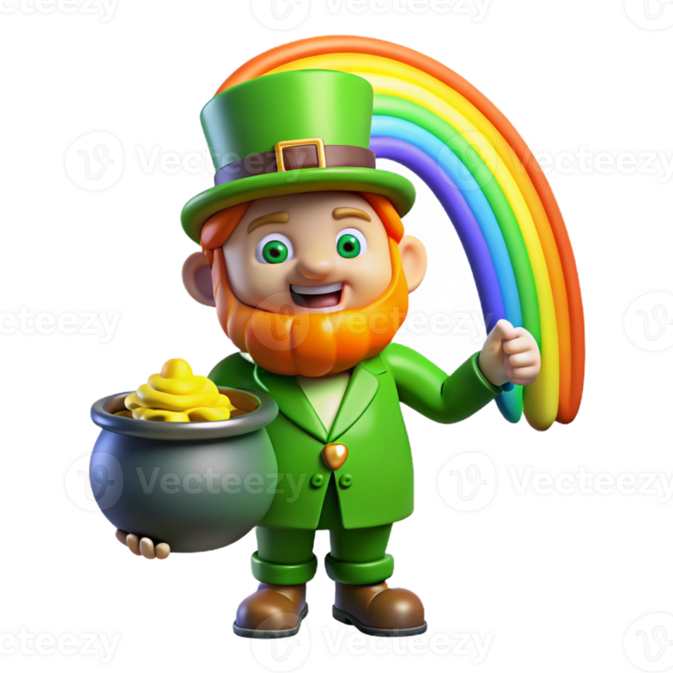 vibrant minimalist A mischievous Irish leprechaun, guarding a pot of gold at the end of a rainbow, illuminated by the rainbow's light, in a cartoon style original png