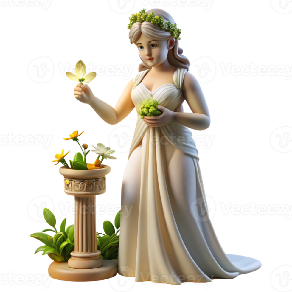 magnificent modern A benevolent Greek nymph, tending to a sacred grove, her dress adorned with flowers, illuminated by dappled sunlight, in a classical art style authentic png