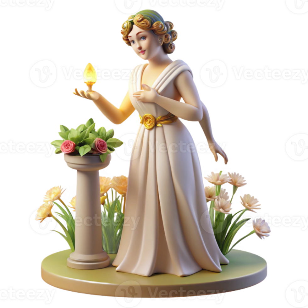 dramatic minimalist A benevolent Greek nymph, tending to a sacred grove, her dress adorned with flowers, illuminated by dappled sunlight, in a classical art style genuine png