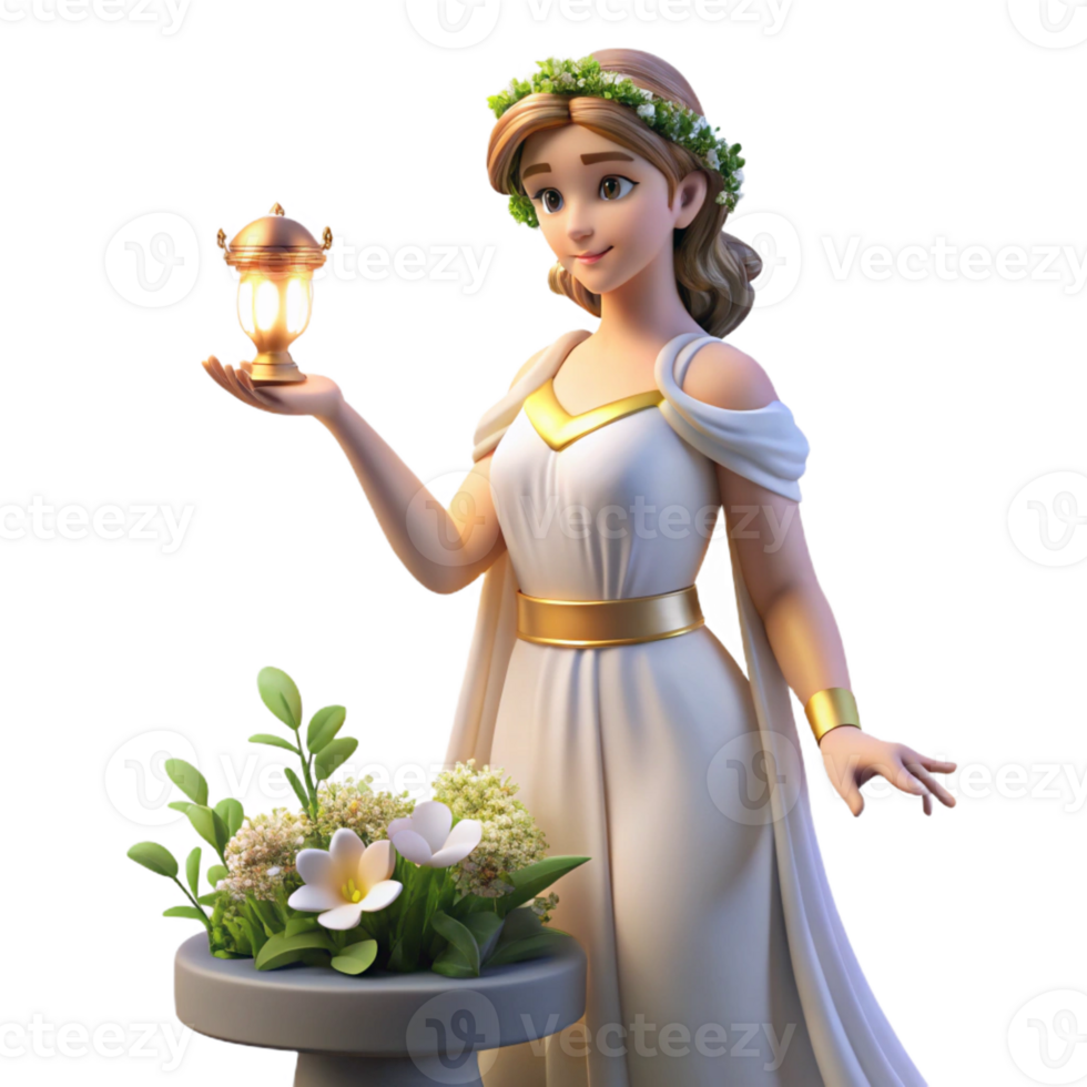 beautiful classic A benevolent Greek nymph, tending to a sacred grove, her dress adorned with flowers, illuminated by dappled sunlight, in a classical art style original png