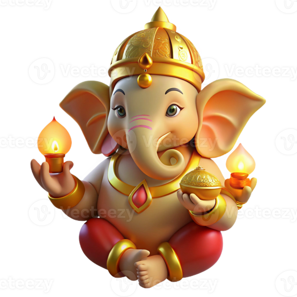 extraordinary minimalist A powerful Hindu Ganesha, his elephant head adorned with jewels, holding a laddoo, illuminated by golden light, in a traditional Indian art style 4K png