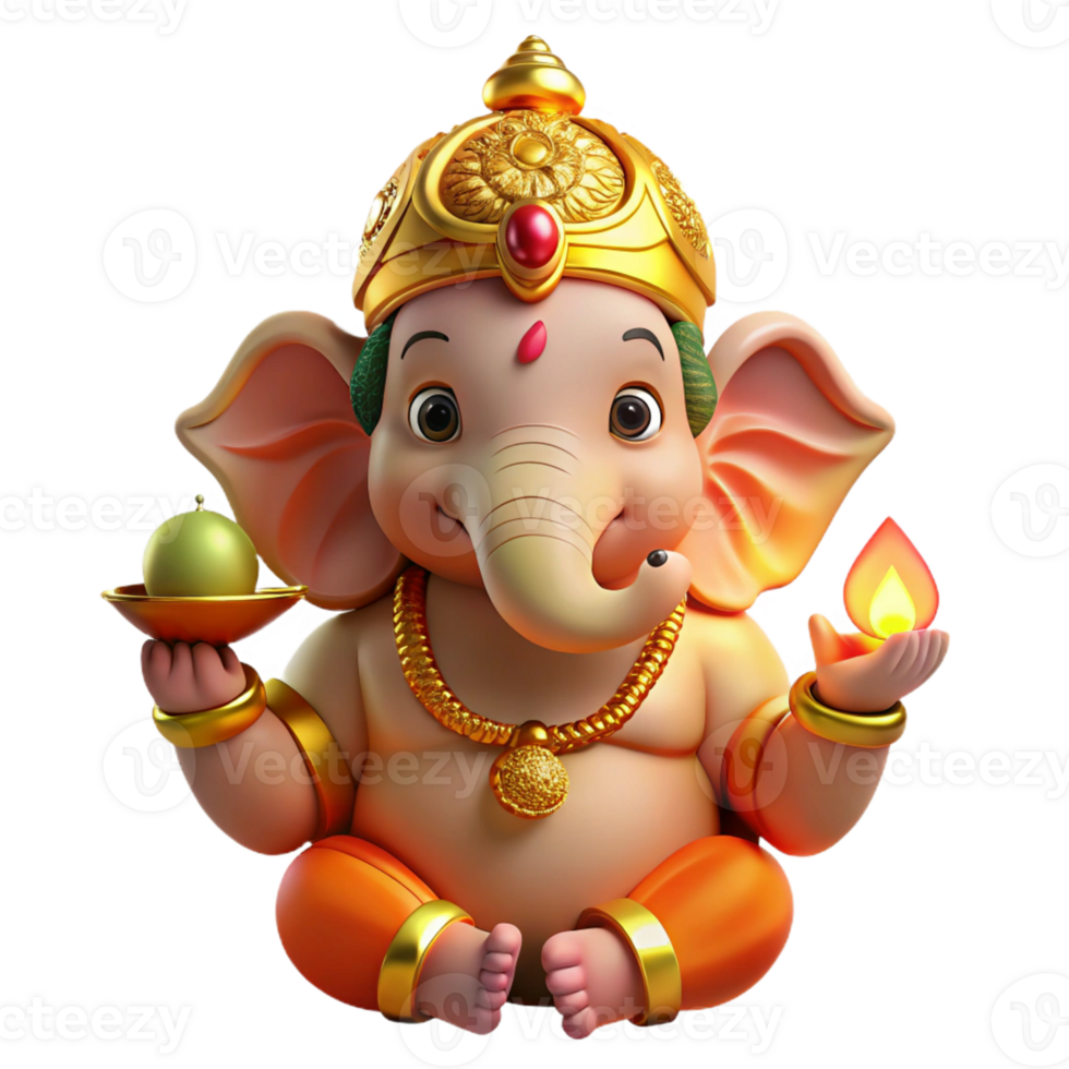 dramatic creative A powerful Hindu Ganesha, his elephant head adorned with jewels, holding a laddoo, illuminated by golden light, in a traditional Indian art style detailed png