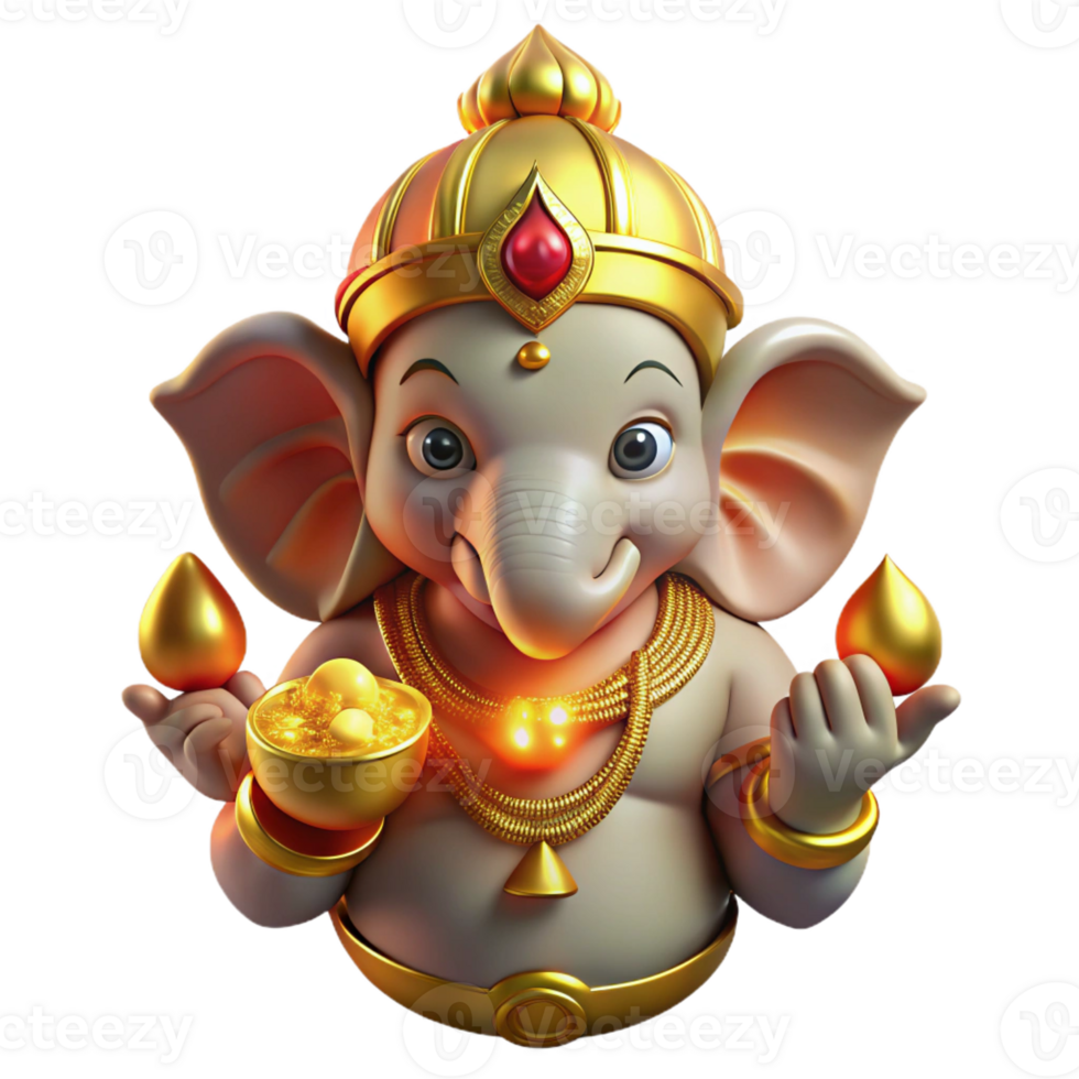 extraordinary rustic A powerful Hindu Ganesha, his elephant head adorned with jewels, holding a laddoo, illuminated by golden light, in a traditional Indian art style high resolution png