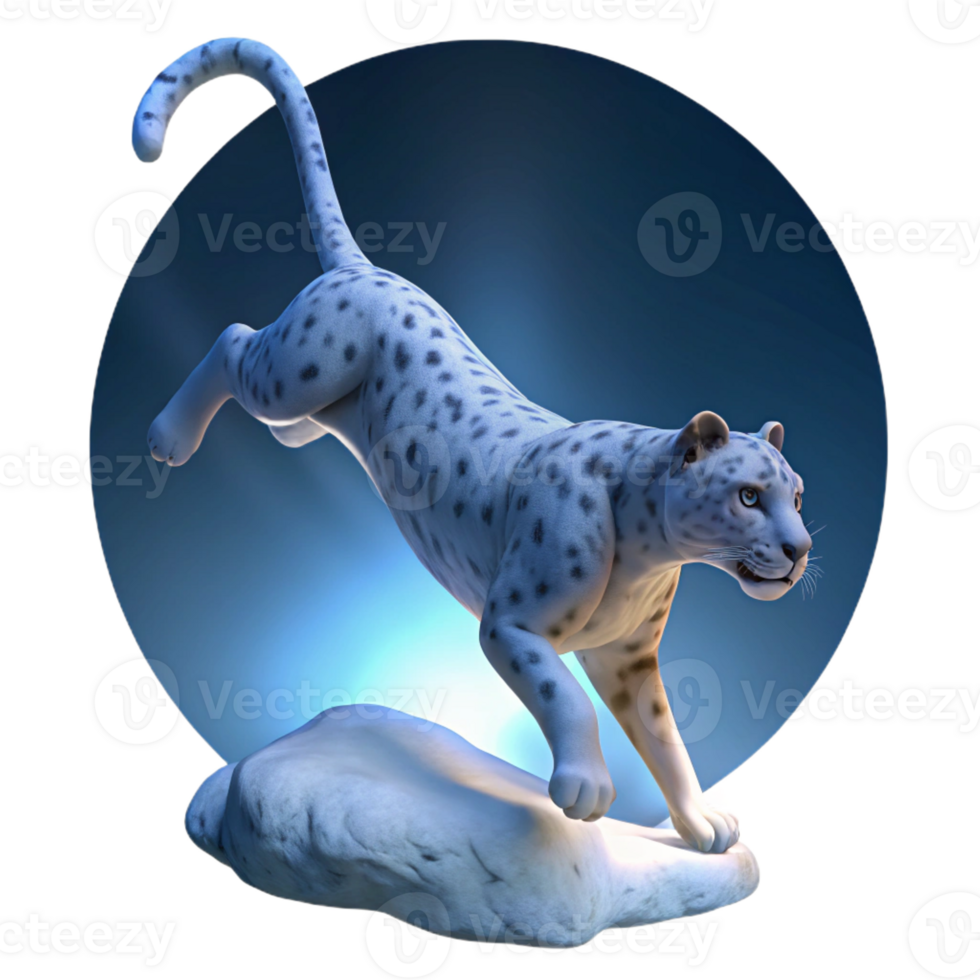 serene contemporary A majestic snow leopard leaping across a chasm, illuminated by a single spotlight in a chiaroscuro style 4K png