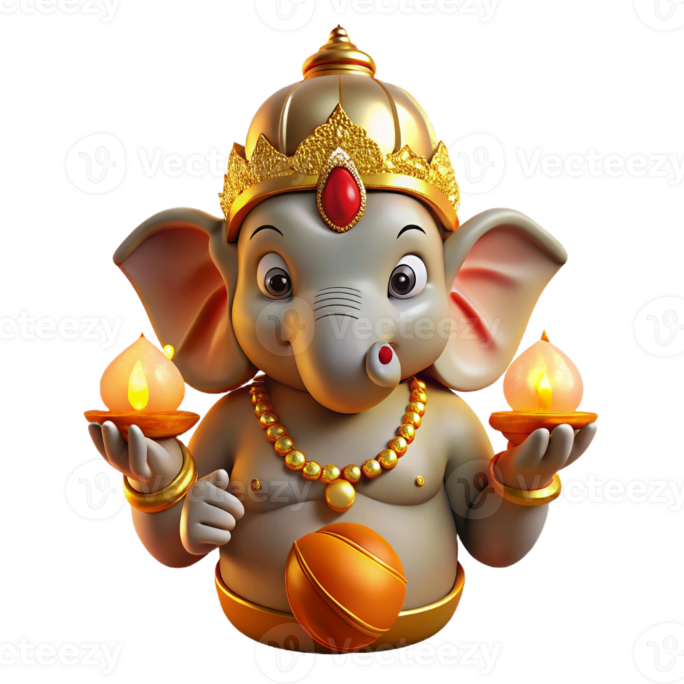 serene creative A powerful Hindu Ganesha, his elephant head adorned with jewels, holding a laddoo, illuminated by golden light, in a traditional Indian art style professional png