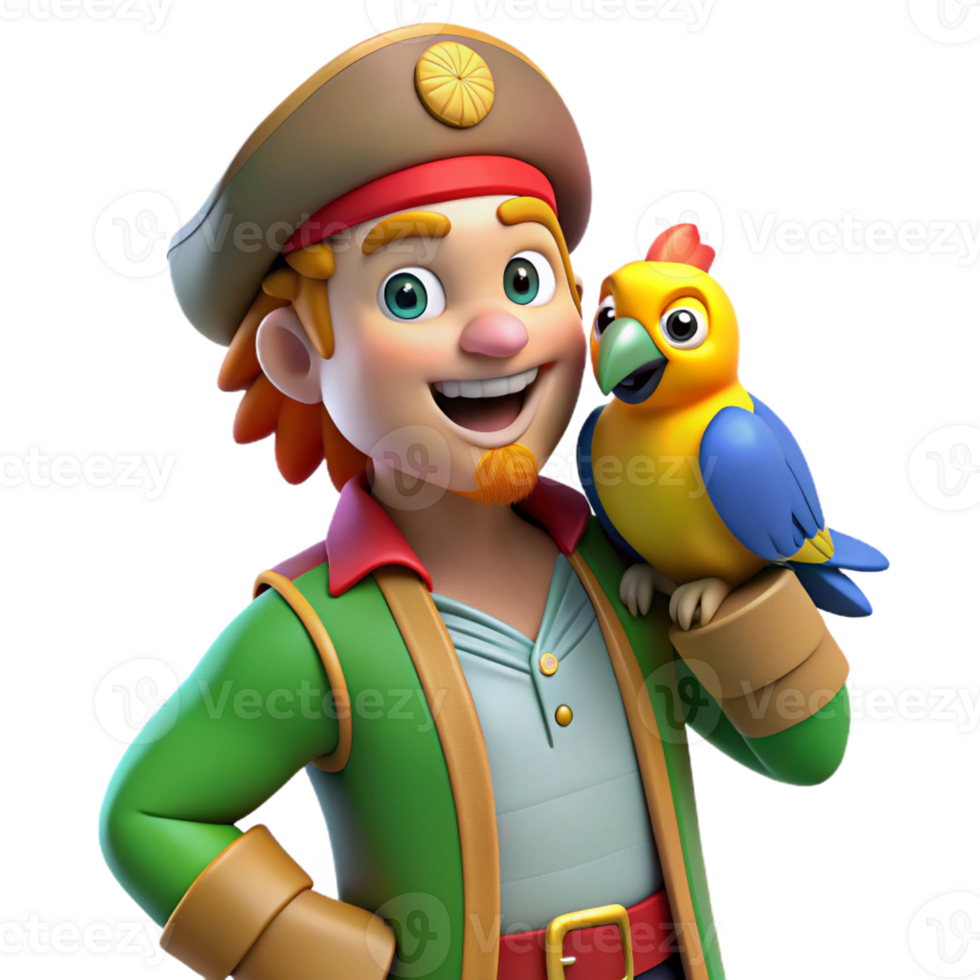 beautiful rustic A colorful parrot perched on a pirate's shoulder, cartoon style, bright and cheerful 4K png