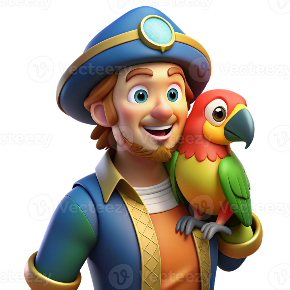 wonderful rustic A colorful parrot perched on a pirate's shoulder, cartoon style, bright and cheerful high resolution png