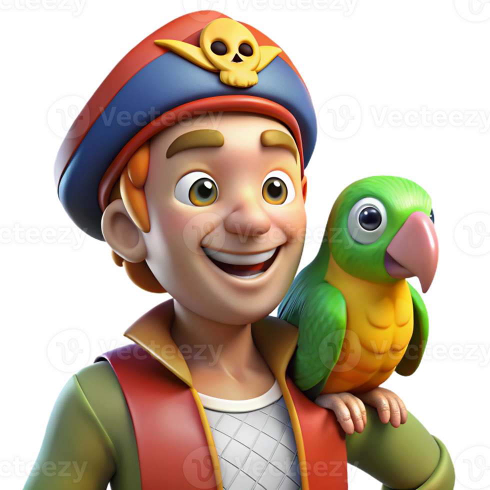 magnificent artistic A colorful parrot perched on a pirate's shoulder, cartoon style, bright and cheerful genuine png