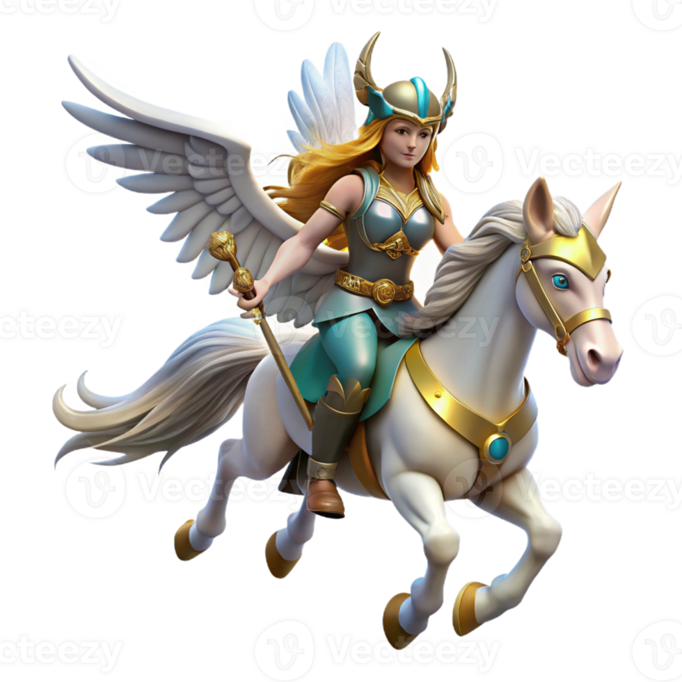 wonderful rustic A beautiful Valkyrie riding a winged horse, carrying a fallen warrior to Valhalla. Norse mythology style detailed png