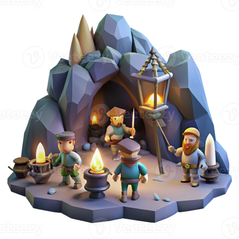 magnificent abstract A group of dwarves mining for gems in a dark cave, illuminated by lanterns. Fantasy style high resolution png