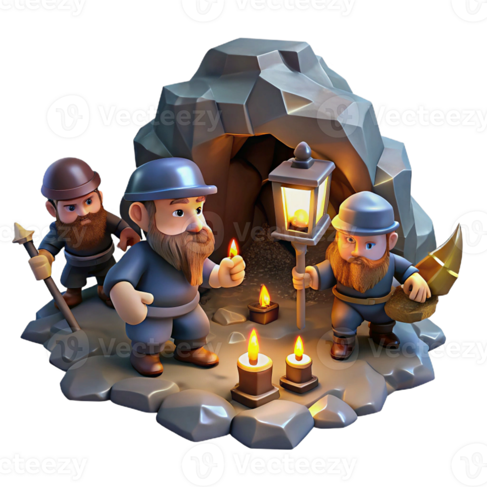 extraordinary rustic A group of dwarves mining for gems in a dark cave, illuminated by lanterns. Fantasy style high resolution png