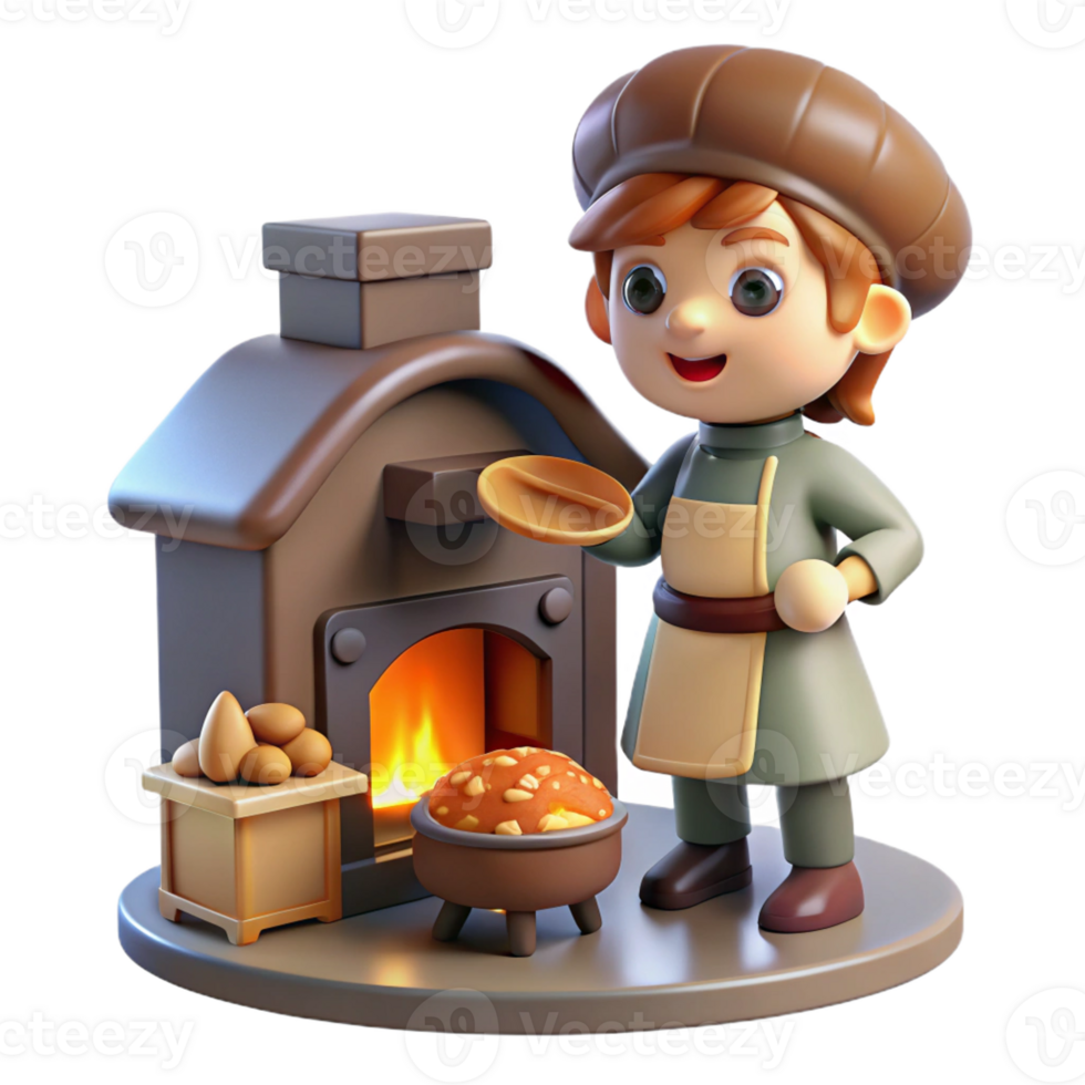 vibrant contemporary A mischievous brownie baking bread in a cozy cottage kitchen, illuminated by firelight. Folk art style premium png