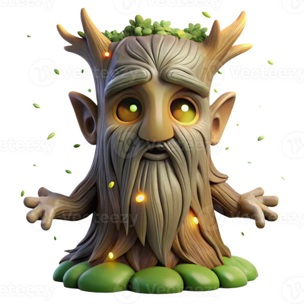 wonderful artistic A wise old tree spirit with a face carved into its bark, surrounded by fireflies in a twilight forest. Fantasy style genuine png