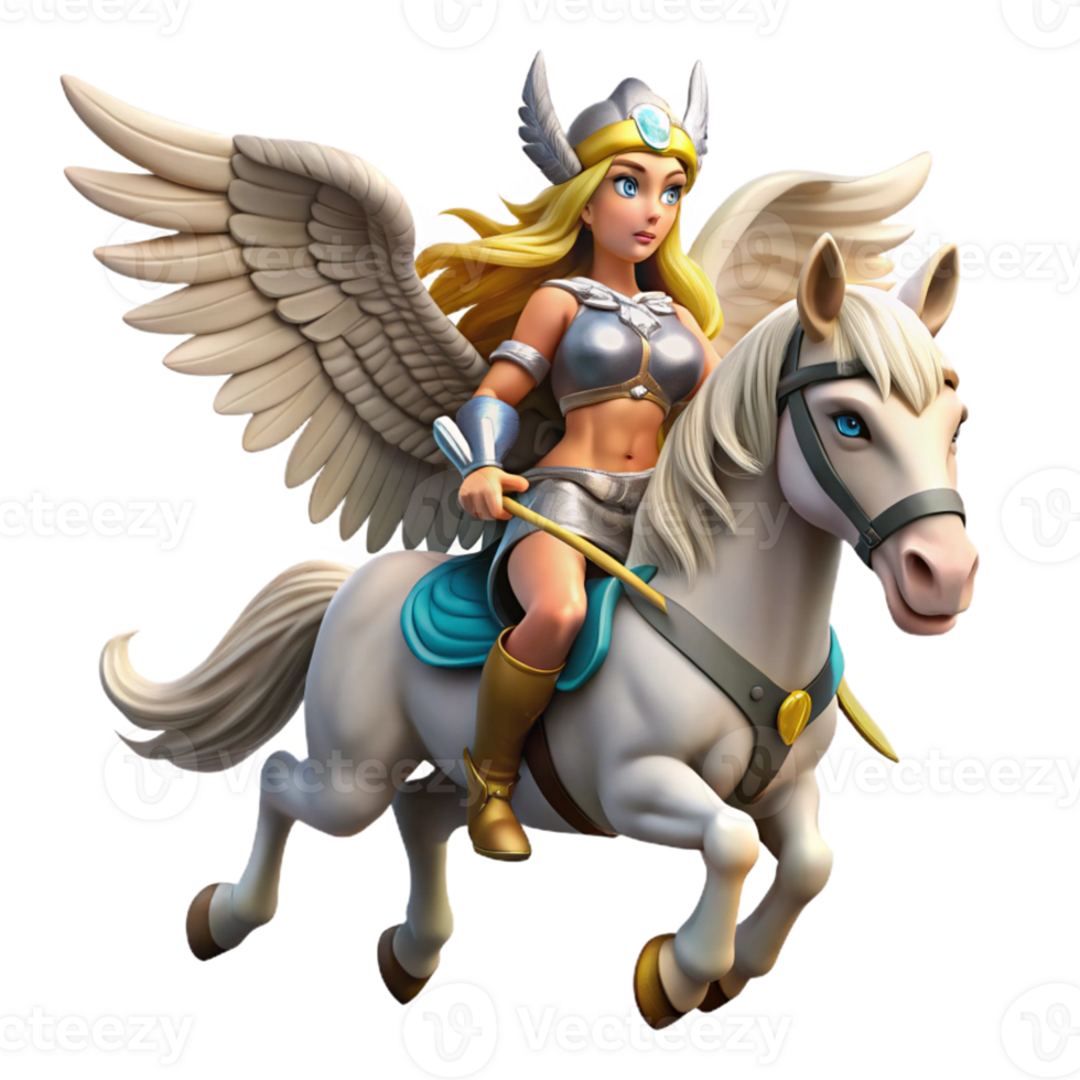 magnificent traditional A beautiful Valkyrie riding a winged horse, carrying a fallen warrior to Valhalla. Norse mythology style detailed png