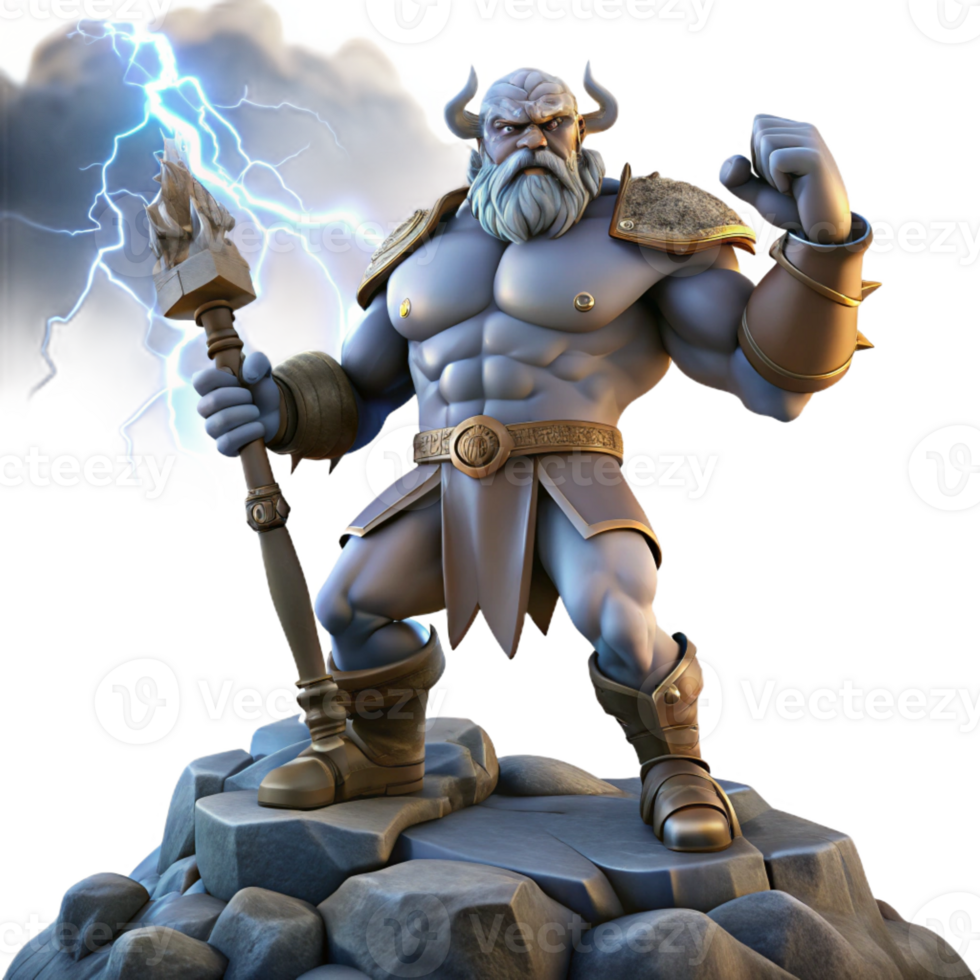 magnificent contemporary A powerful giant wielding a massive club, standing atop a mountain peak, illuminated by lightning. Epic fantasy style detailed png