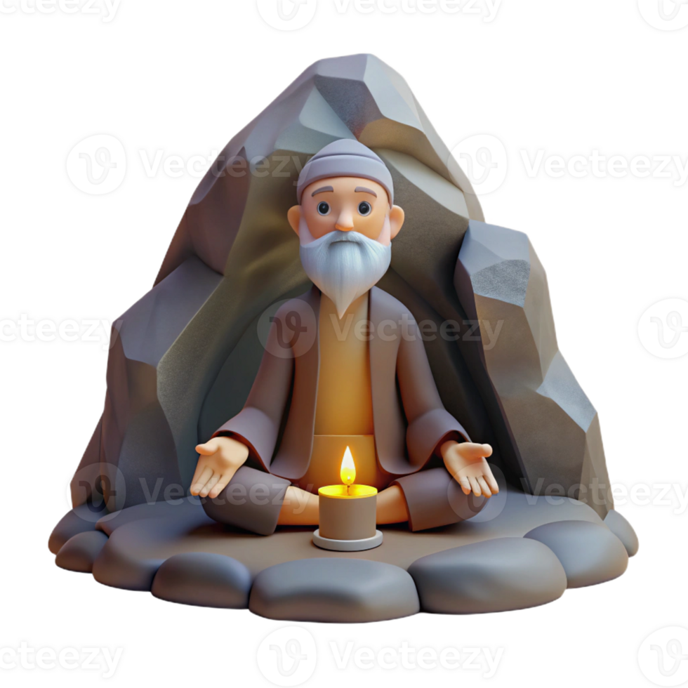 elegant artistic A wise old hermit meditating in a secluded mountain cave, illuminated by a single ray of sunlight. Spiritual style detailed png
