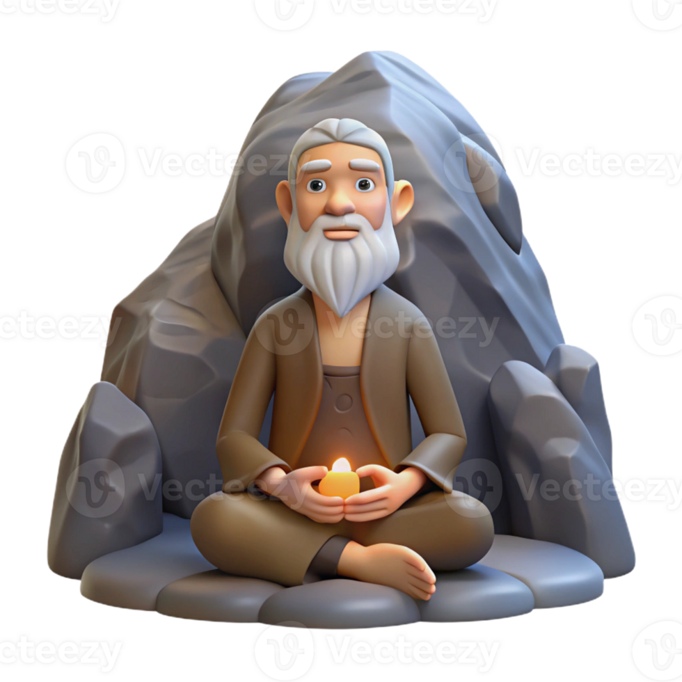 vibrant vintage A wise old hermit meditating in a secluded mountain cave, illuminated by a single ray of sunlight. Spiritual style genuine png