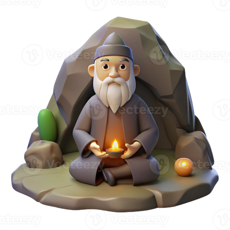 beautiful classic A wise old hermit meditating in a secluded mountain cave, illuminated by a single ray of sunlight. Spiritual style exclusive png