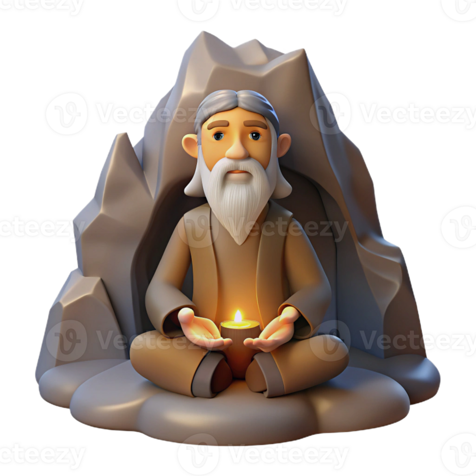 wonderful traditional A wise old hermit meditating in a secluded mountain cave, illuminated by a single ray of sunlight. Spiritual style original png