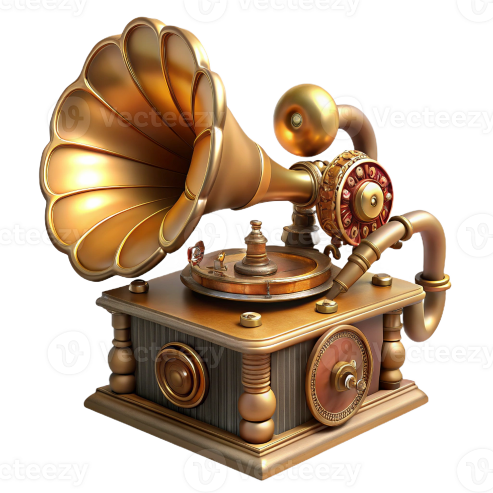 impressive rustic A steampunk gramophone, intricate horn and gears, warm, nostalgic lighting, art deco style premium png
