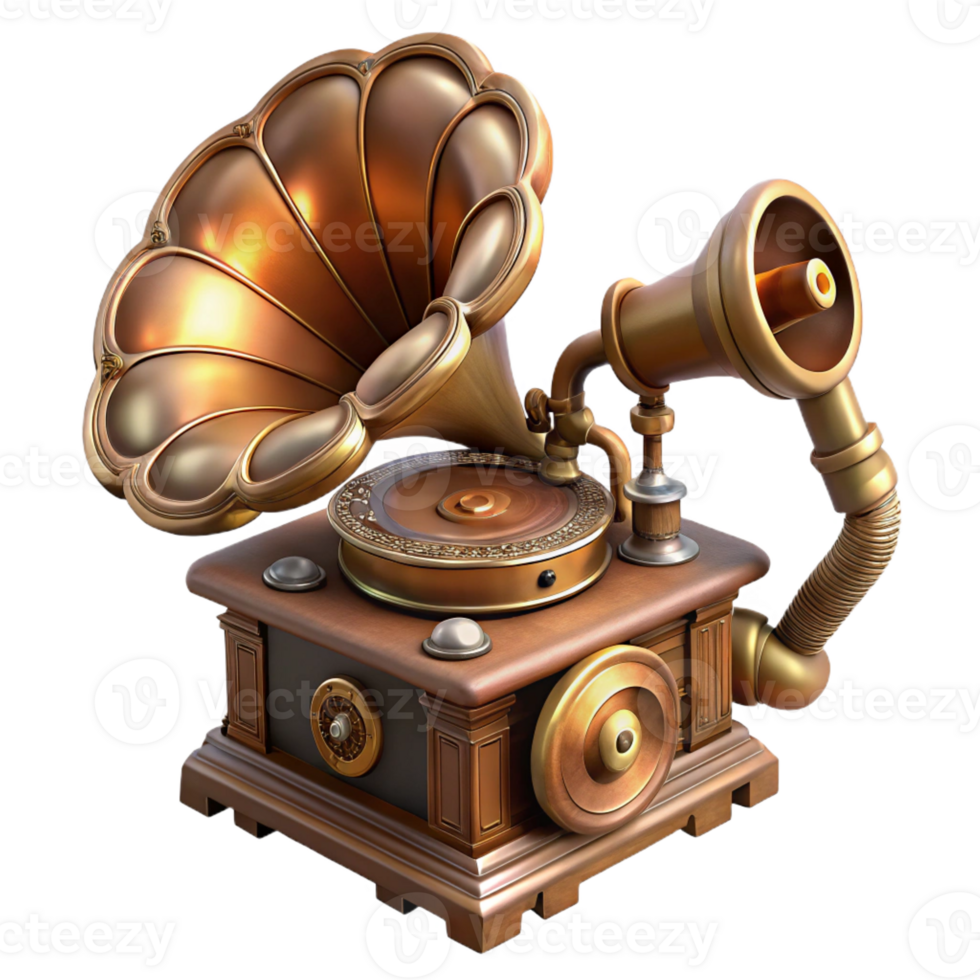 stunning classic A steampunk gramophone, intricate horn and gears, warm, nostalgic lighting, art deco style 4K png