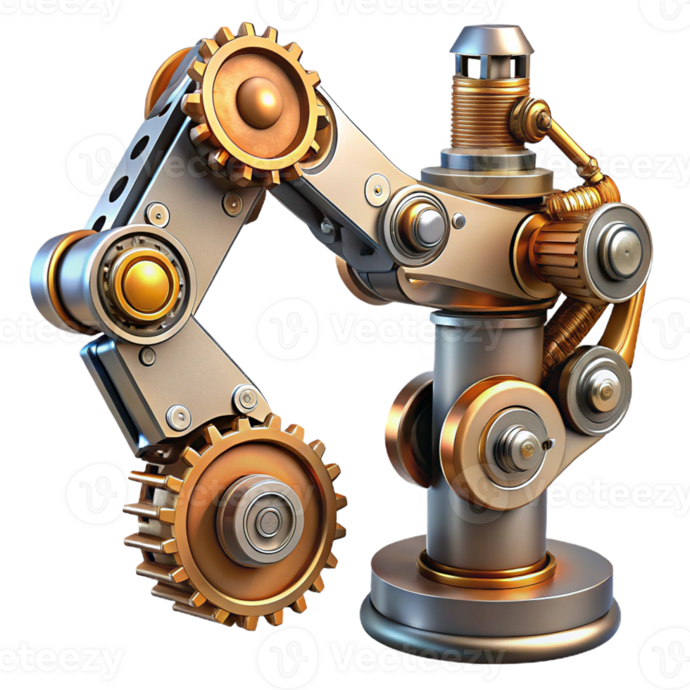 beautiful minimalist A steampunk robotic arm, intricate gears and pistons, powerful, metallic lighting, cyberpunk style authentic png