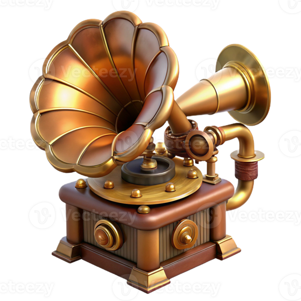 stunning rustic A steampunk gramophone, intricate horn and gears, warm, nostalgic lighting, art deco style high quality png