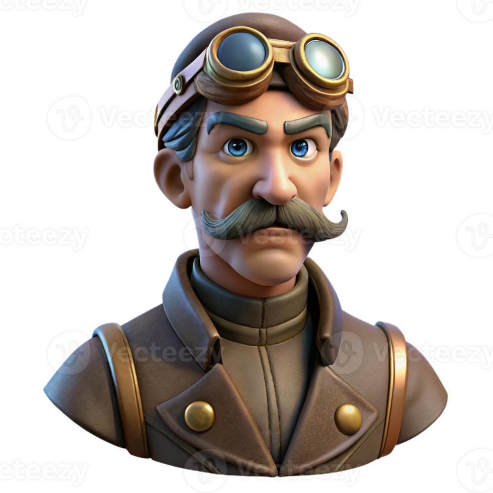 serene vintage Steampunk airship captain, weathered face, intricate goggles, dramatic spotlight, portrait photography style original png