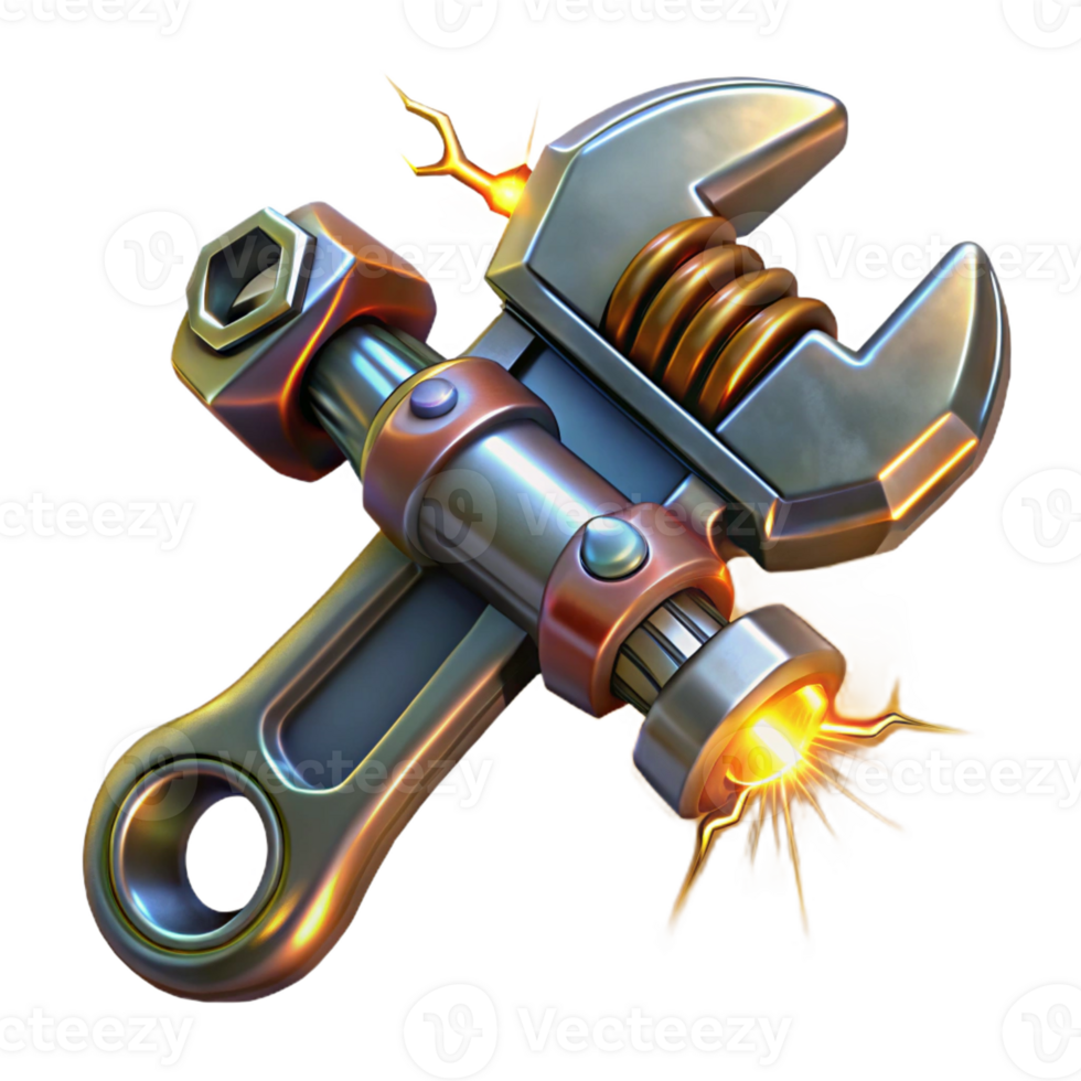 wonderful creative A steampunk wrench with glowing energy conduits, sparks flying, dramatic lighting, digital painting style genuine png