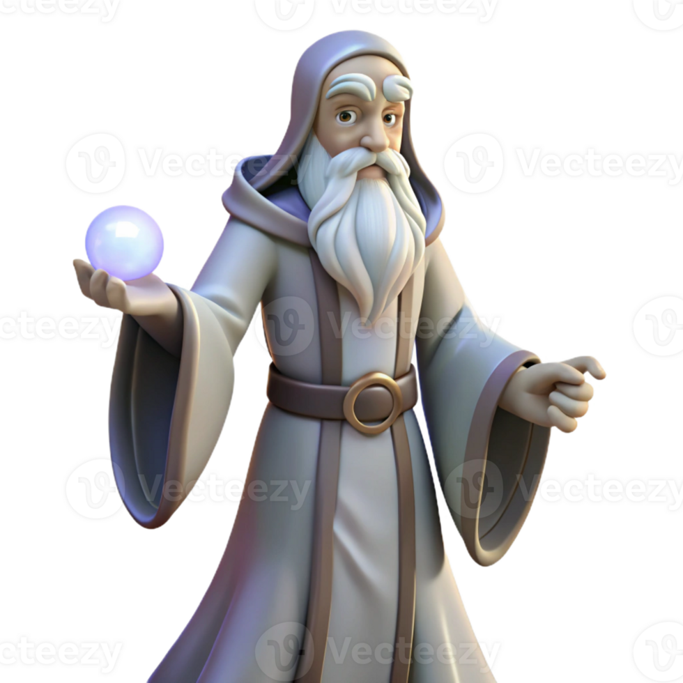 serene artistic A wise old wizard with a long white beard and flowing robes, holding a glowing orb, in a dimly lit, mysterious chamber, painted in a classic fantasy art style high resolution png