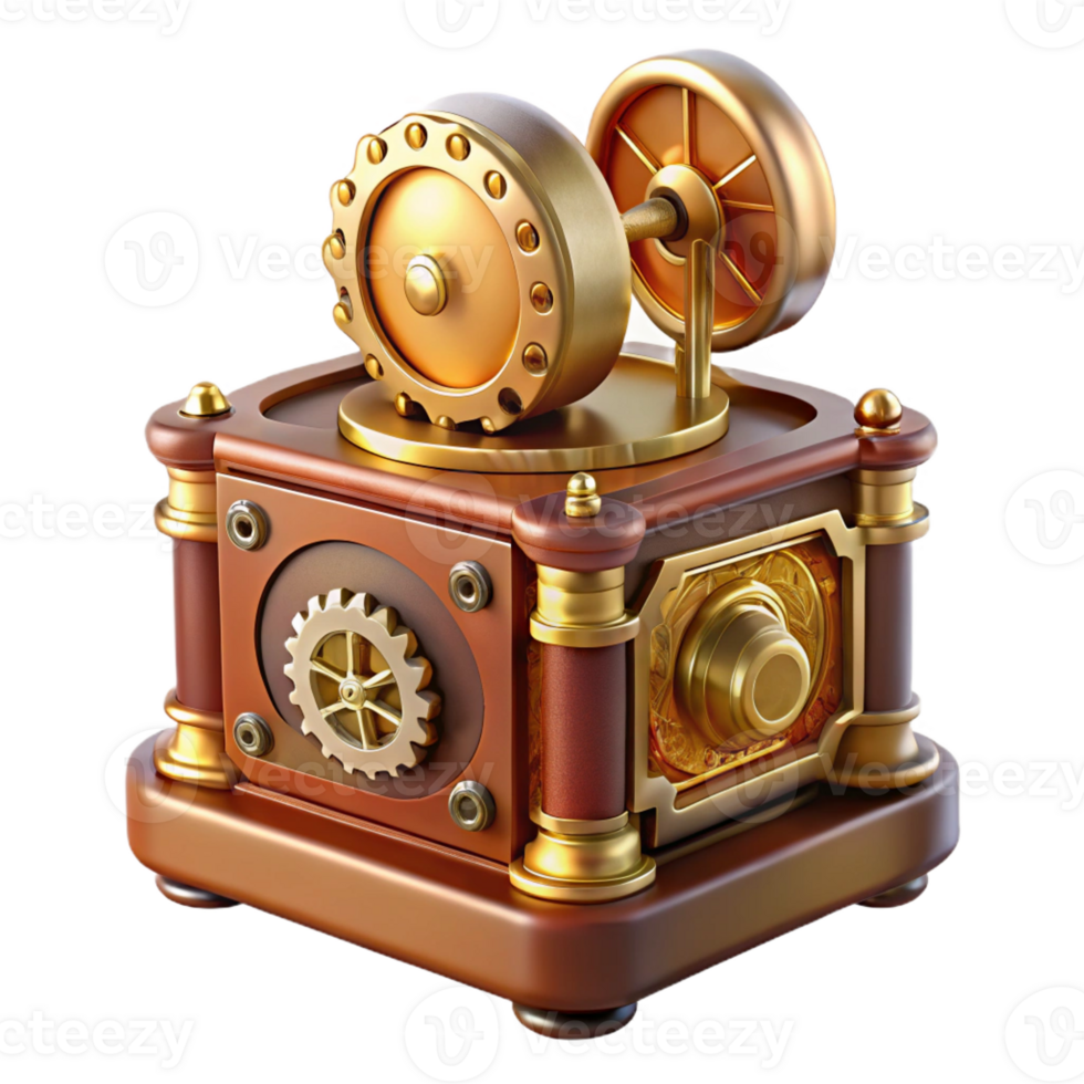 vibrant vintage Steampunk music box, intricate gears and carvings, soft, melodic light, vintage illustration style authentic png