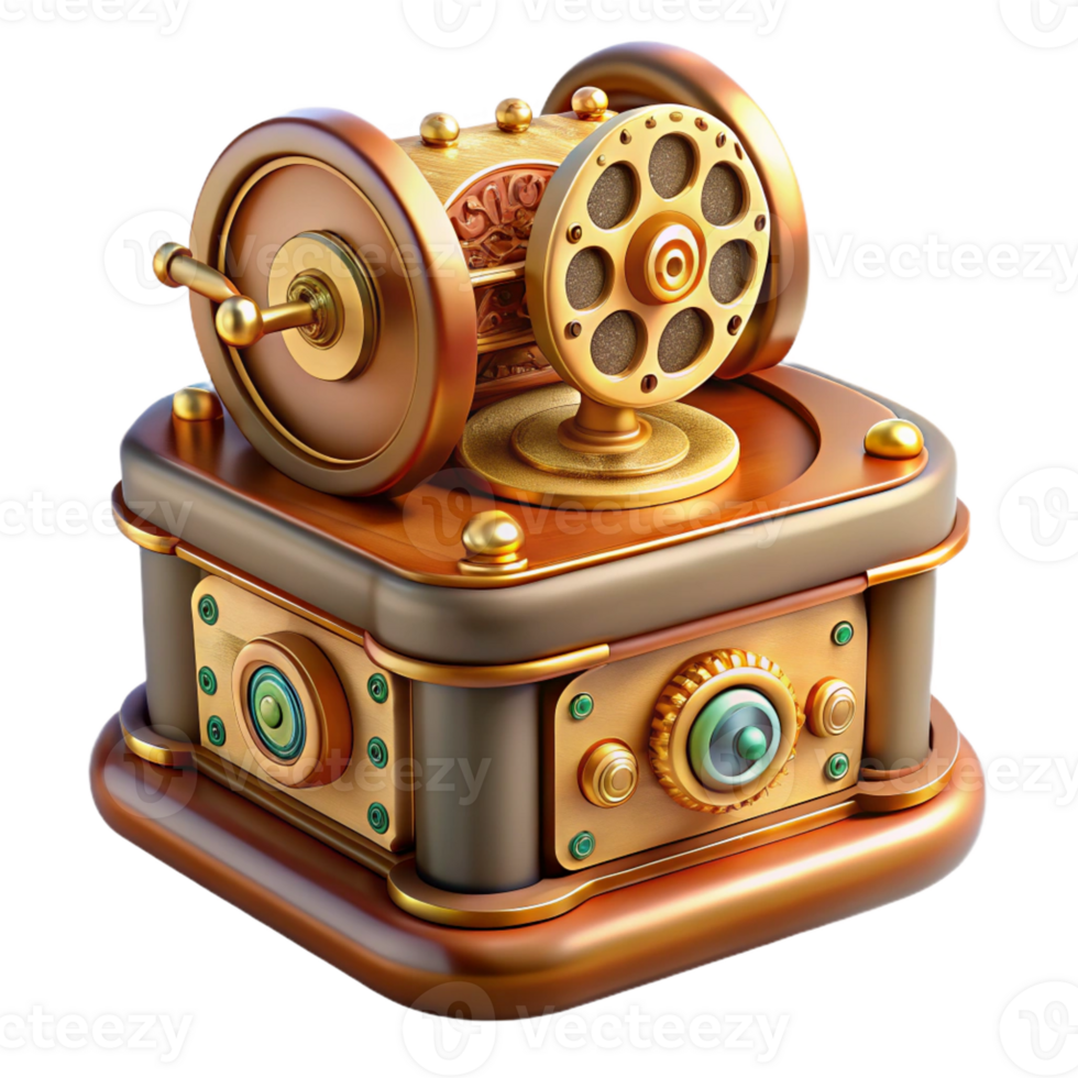 stunning artistic Steampunk music box, intricate gears and carvings, soft, melodic light, vintage illustration style professional png