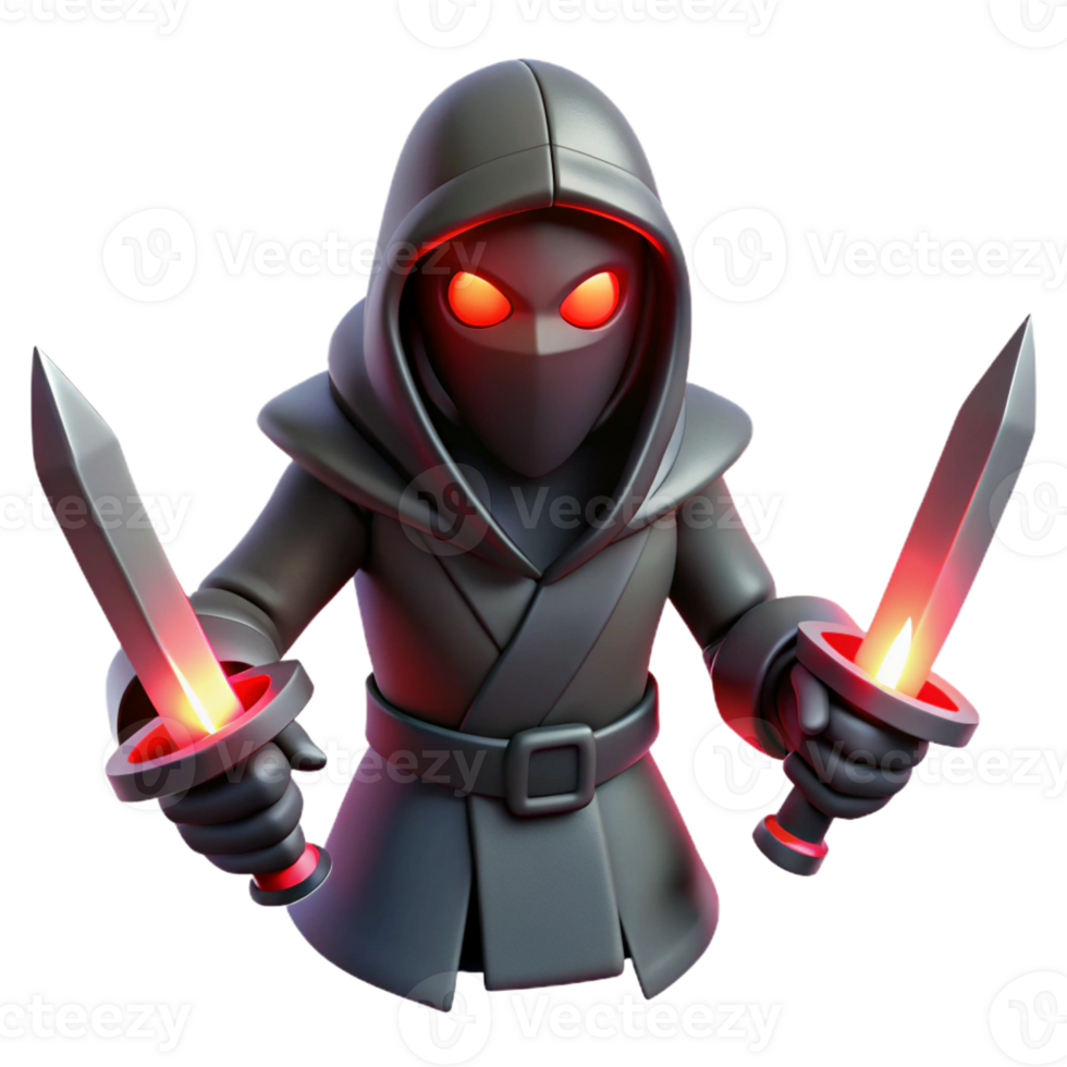 vibrant traditional A shadowy assassin with glowing red eyes, wielding twin daggers, illuminated by a single spotlight, in a dark, dramatic style exclusive png