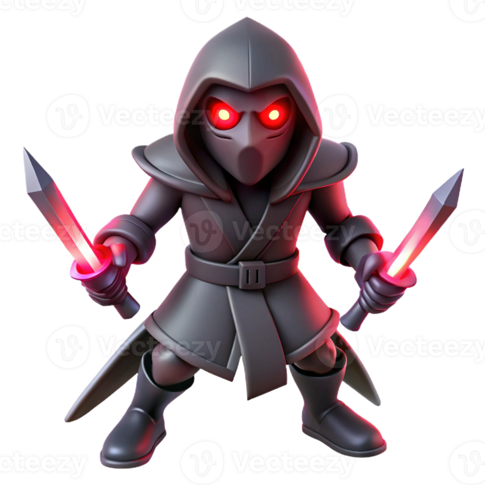extraordinary vintage A shadowy assassin with glowing red eyes, wielding twin daggers, illuminated by a single spotlight, in a dark, dramatic style 4K png