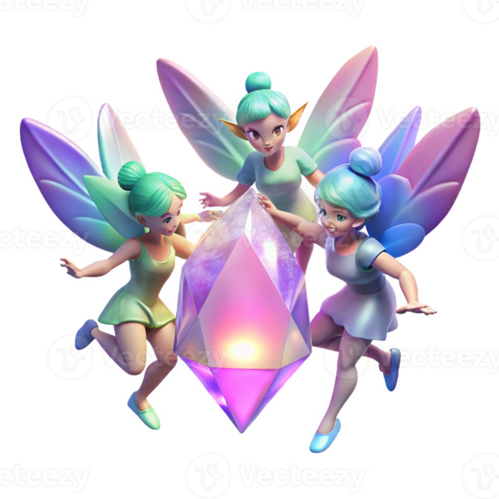 wonderful abstract A group of playful pixies with shimmering wings, dancing around a glowing crystal, illuminated by colorful, magical lights, in a whimsical, cartoonish style genuine png