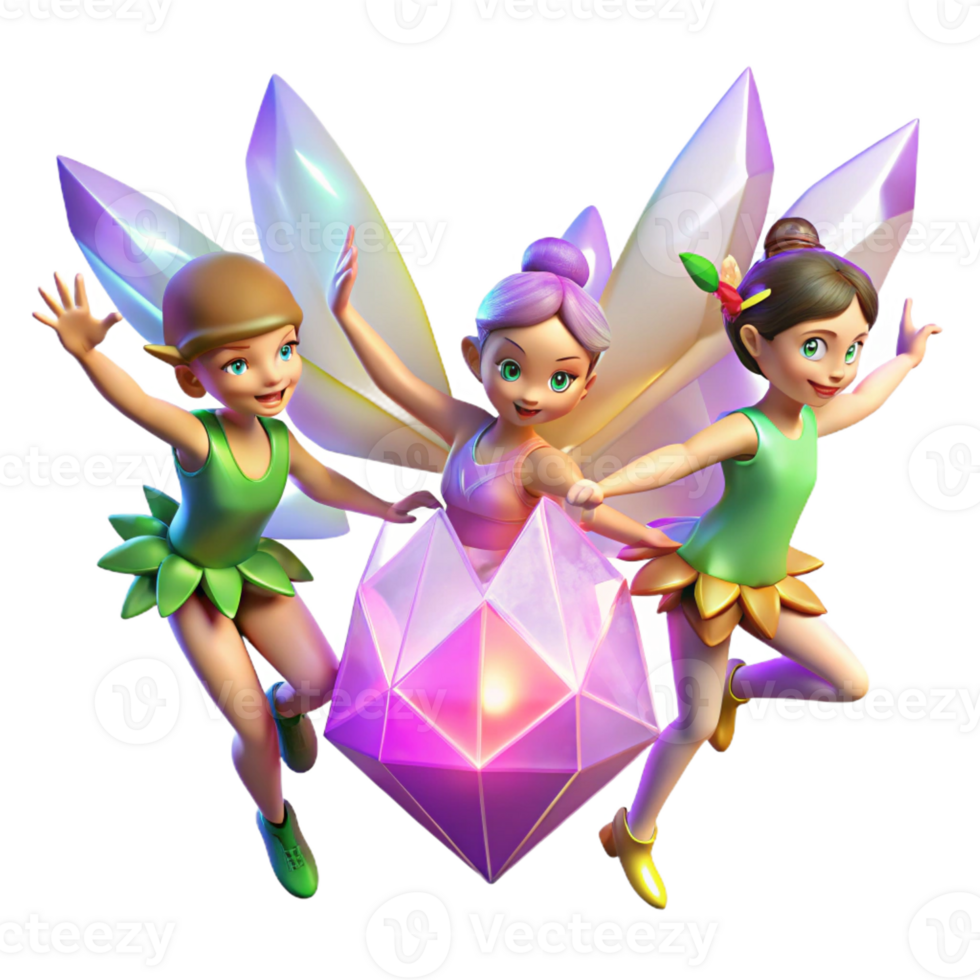 magnificent minimalist A group of playful pixies with shimmering wings, dancing around a glowing crystal, illuminated by colorful, magical lights, in a whimsical, cartoonish style premium png