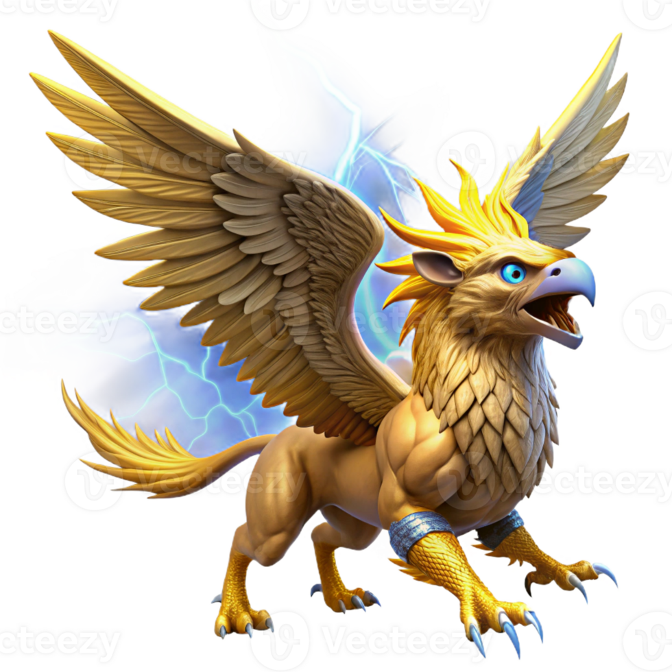 serene traditional A majestic griffin with golden feathers and piercing blue eyes, soaring through a storm-filled sky, illuminated by dramatic lightning strikes, in a dynamic, realistic style 4K png