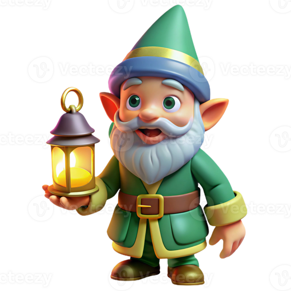 magnificent creative A playful gnome with a pointed hat and bright clothing, holding a glowing lantern, illuminated by the warm light, in a charming, whimsical style high resolution png