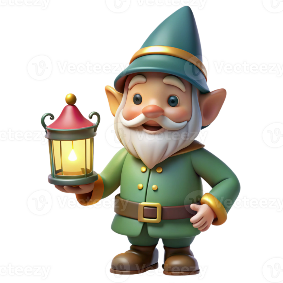 dramatic vintage A playful gnome with a pointed hat and bright clothing, holding a glowing lantern, illuminated by the warm light, in a charming, whimsical style professional png
