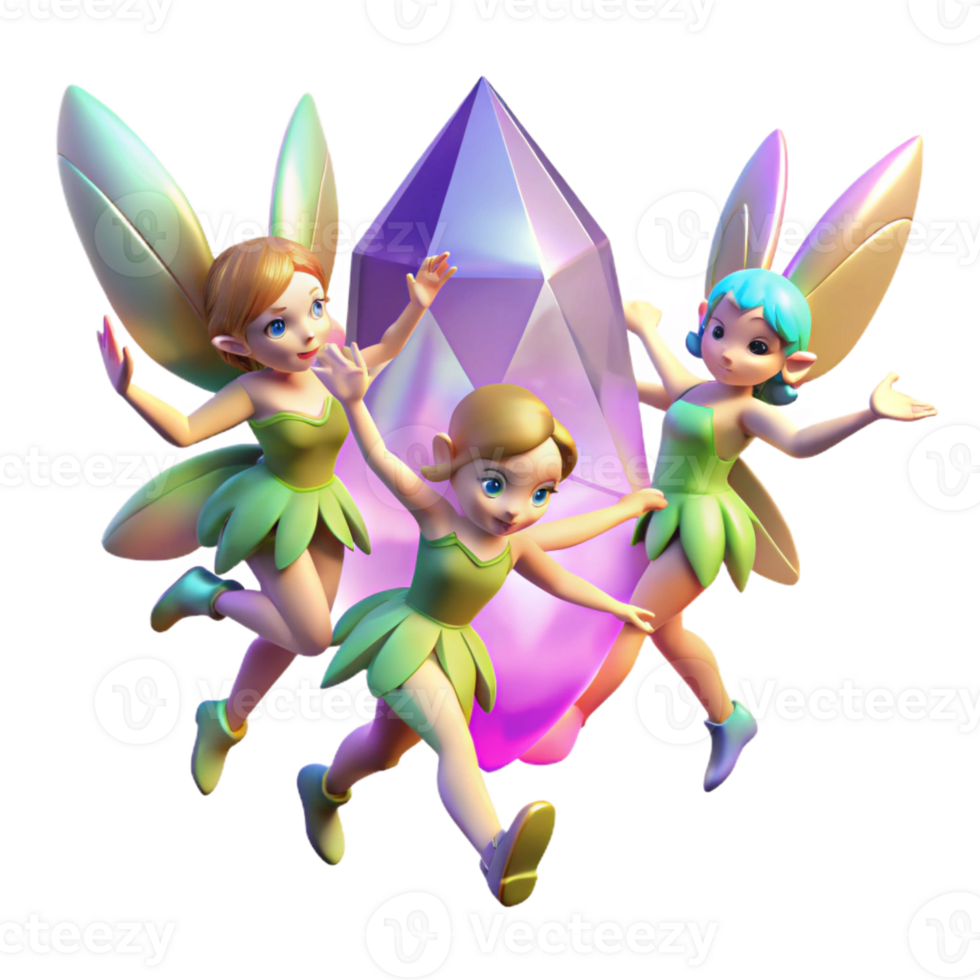 serene vintage A group of playful pixies with shimmering wings, dancing around a glowing crystal, illuminated by colorful, magical lights, in a whimsical, cartoonish style high quality png