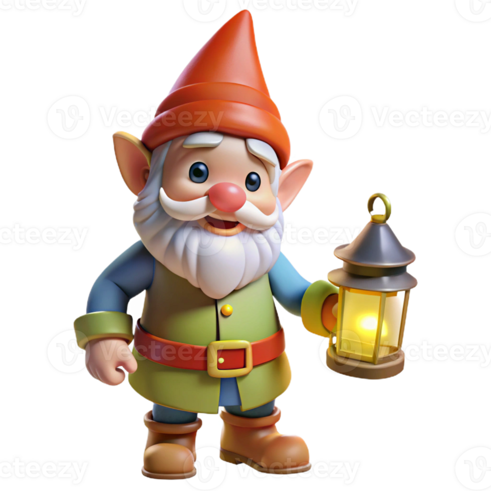 vibrant contemporary A playful gnome with a pointed hat and bright clothing, holding a glowing lantern, illuminated by the warm light, in a charming, whimsical style high resolution png