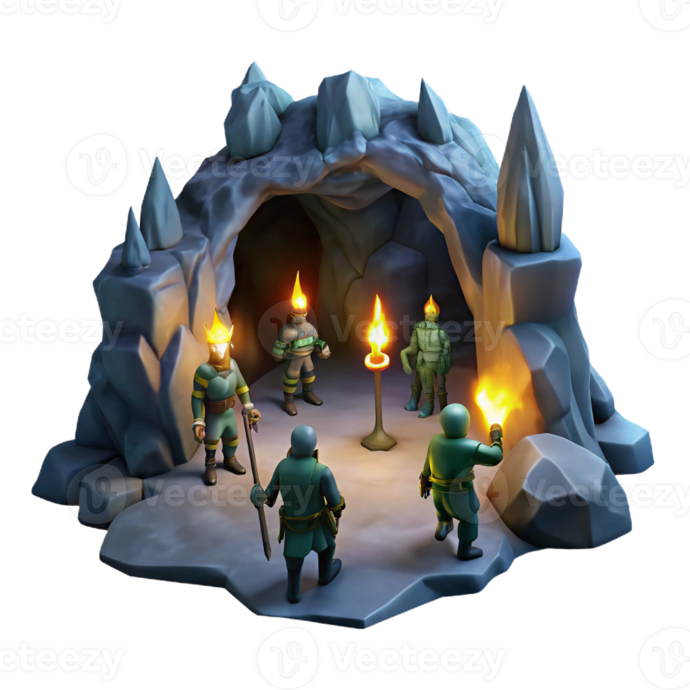 wonderful minimalist A group of adventurers exploring a dark, mysterious cave, illuminated by flickering torches, in a dramatic, cinematic style high resolution png