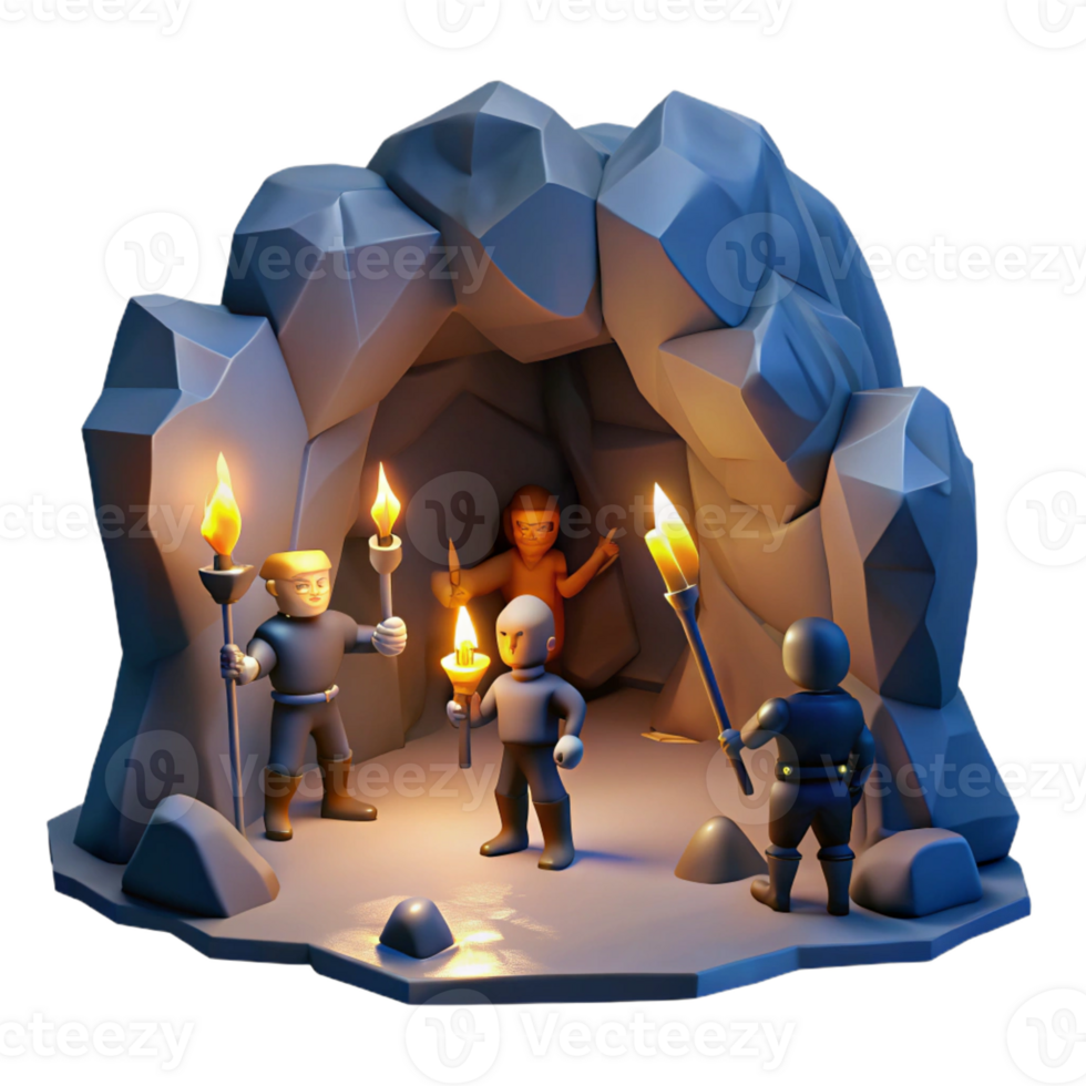 wonderful traditional A group of adventurers exploring a dark, mysterious cave, illuminated by flickering torches, in a dramatic, cinematic style exclusive png