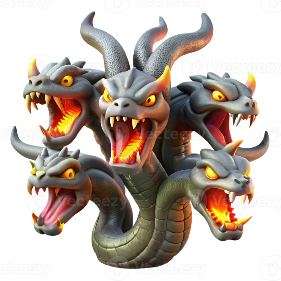 stunning artistic A fierce hydra with multiple heads, each breathing a different colored flame, illuminated by the combined flames, in a monstrous, epic style exclusive png