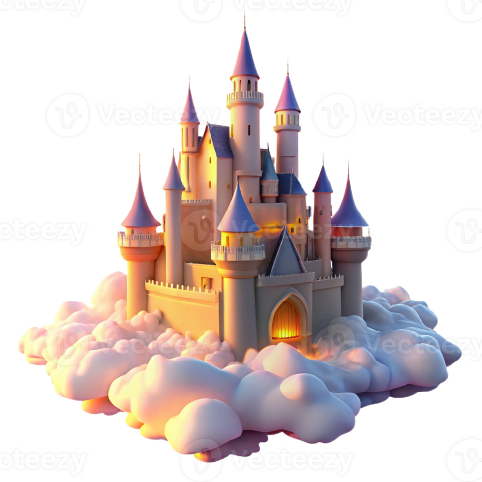 magnificent artistic A majestic castle floating in the clouds, illuminated by the soft glow of the setting sun, in a dreamy, surreal style exclusive png