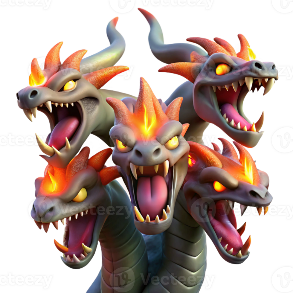 beautiful artistic A fierce hydra with multiple heads, each breathing a different colored flame, illuminated by the combined flames, in a monstrous, epic style premium png