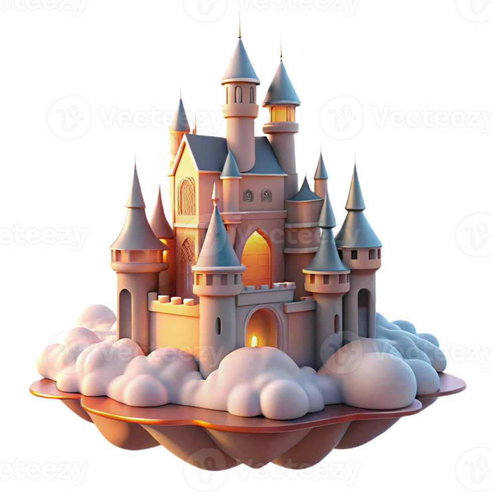 impressive traditional A majestic castle floating in the clouds, illuminated by the soft glow of the setting sun, in a dreamy, surreal style genuine png