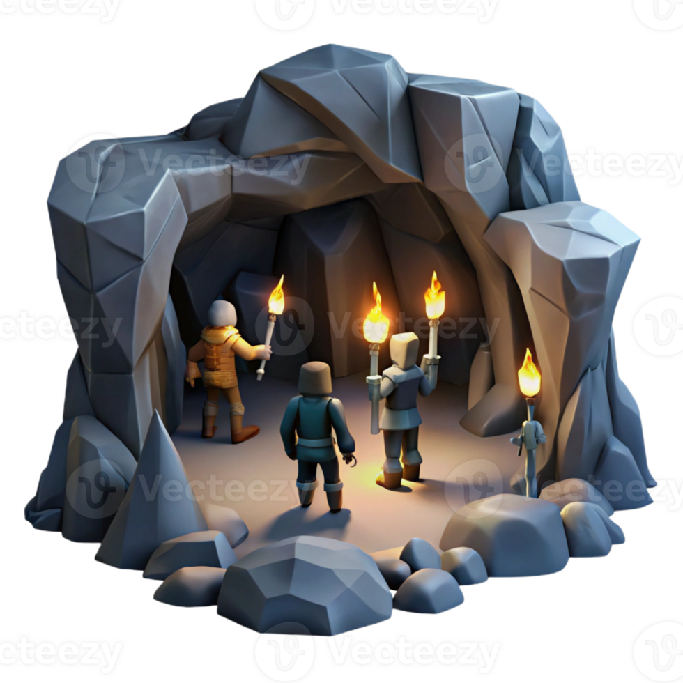beautiful classic A group of adventurers exploring a dark, mysterious cave, illuminated by flickering torches, in a dramatic, cinematic style detailed png
