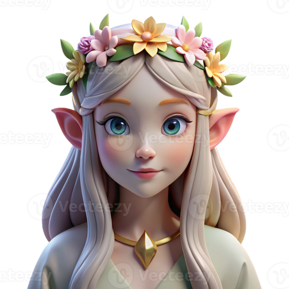 beautiful creative A beautiful elf princess with long flowing hair, wearing a crown of flowers, illuminated by soft sunlight filtering through the trees, in a romantic, fairytale style genuine png