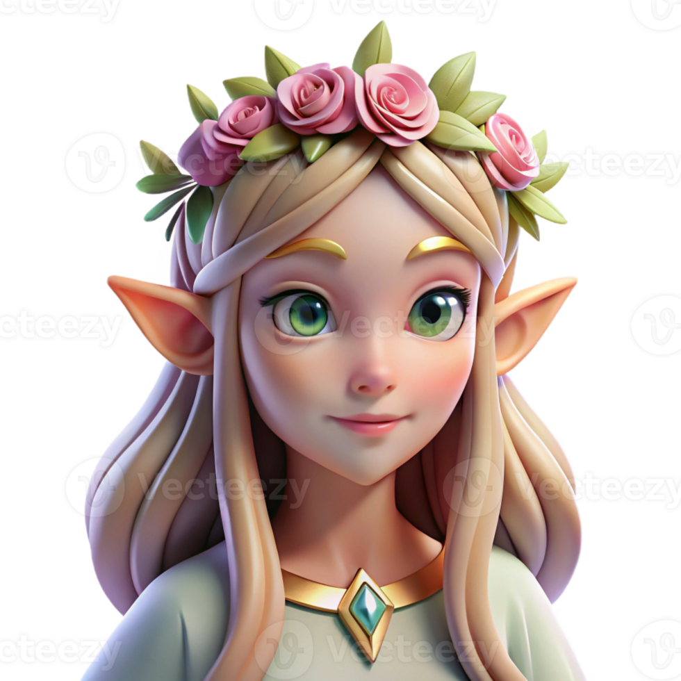 stunning vintage A beautiful elf princess with long flowing hair, wearing a crown of flowers, illuminated by soft sunlight filtering through the trees, in a romantic, fairytale style exclusive png